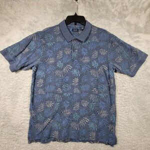 IZOD Mens Tropical Leaf Print Polo Shirt Short Sleeve Blue Cotton  Large